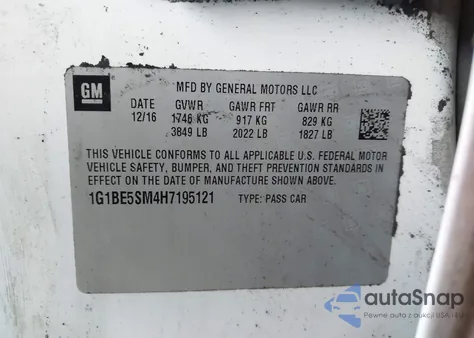 2017 Chevrolet Cruze Lt Auto from USA, damaged, VIN 1G1BE5SM4H7195121